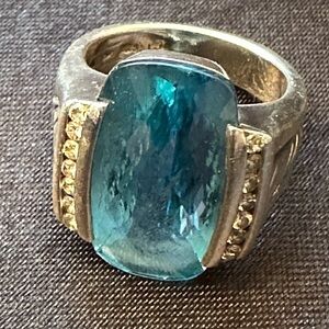 David Yurman RARE Diamond and Blue Topaz Silver Diamond Ring Size 7.5